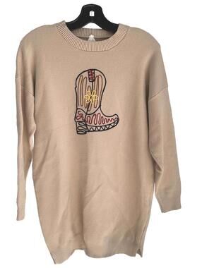 Dreamers by Debut Women Beige Cowboy Boot Embroidered Sweater Dress Western -M